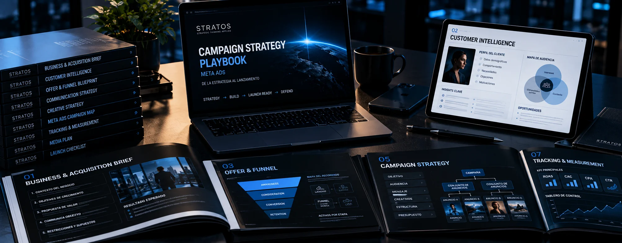 Mockup del Campaign Strategy Playbook con research, customer, funnel, campañas y tracking