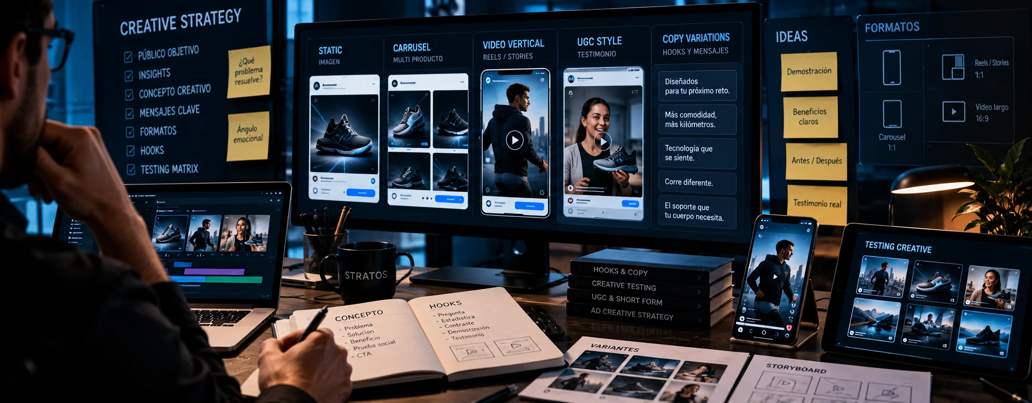 Estudio de estrategia creativa con anuncios estáticos, carruseles, videos verticales y variaciones de copy