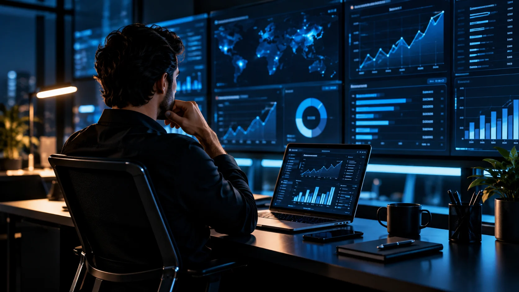 Estratega analizando dashboards y campañas de adquisición en un entorno de trabajo STRATOS