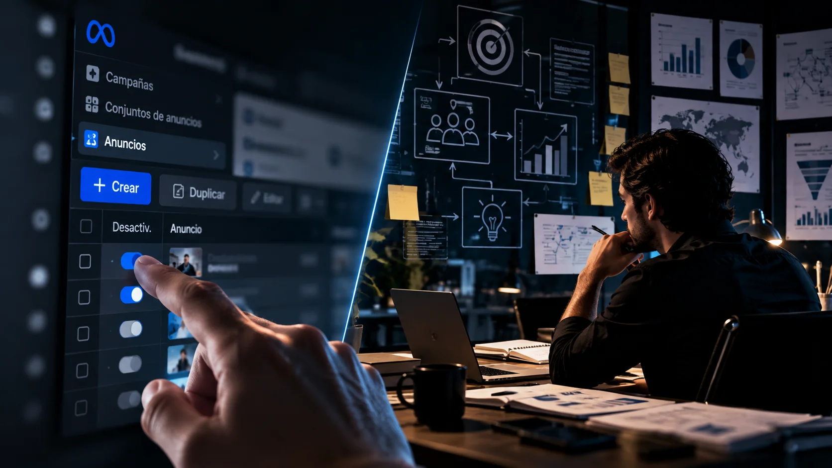 Contraste entre activar anuncios en Meta Ads y analizar decisiones estratégicas de adquisición