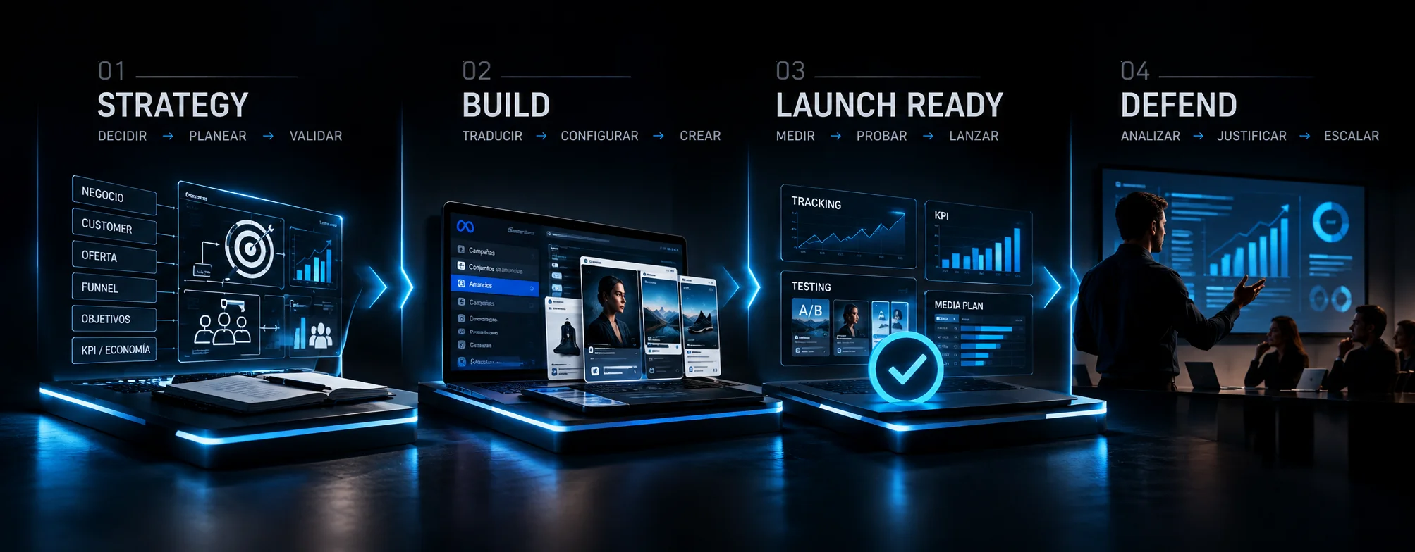 Proceso de trabajo STRATOS: Strategy, Build, Launch Ready y Defend